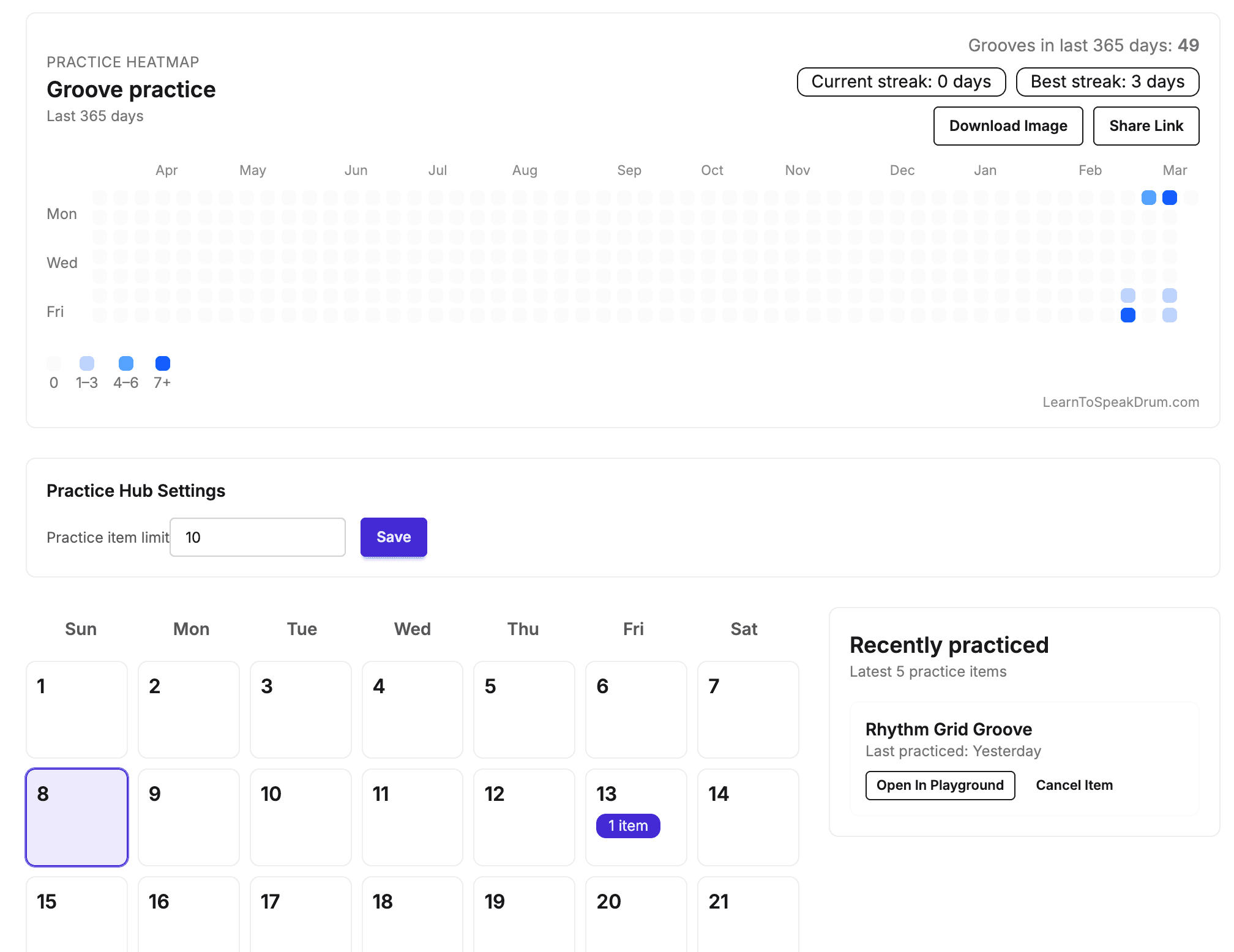 Practice Hub and calendar preview